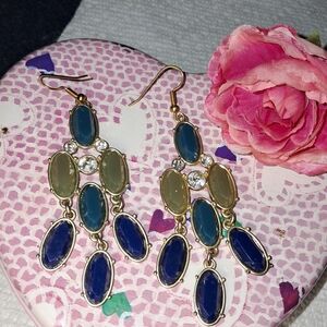 Chandelier Goldtone Earrings w/ Multi-Colored Oval Stones